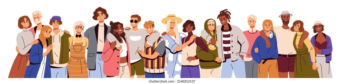 Group of happy people standing together, supporting. Friendly team, union of diverse men, women of different age, race. United community, unity. Flat vector illustration isolated on white background