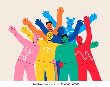 A group of happy people standing together Waving and inviting new customers Colleagues multi-ethnic team concept happy welcome newcomer. Colorful vector illustration 
