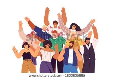 Group of happy people standing together, waving and inviting new customer, colleague. Concept of happy multiethnic team welcome newcomer. Flat vector cartoon illustration isolated on white