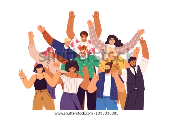 Group of happy people standing together, waving and\
inviting new customer, colleague. Concept of happy multiethnic team\
welcome newcomer. Flat vector cartoon illustration isolated on\
white