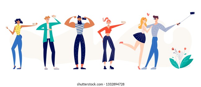 Group of Happy People Taking Selfie. Young Man and Woman Self Photography. Smiling Characters with Smartphone Stick Camera. Flat Vector Cartoon Illustration