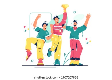 Group of happy people vector illustration. Cheerful men won game or competition flat style. Achieve goal, champion and success concept. Isolated on white background