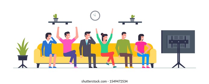 Group of happy people watching TV. isolated on white background