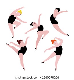Group of happy plus size dancing girls in black leotards. Body positive concept, flat vector illustration isolated on white background.