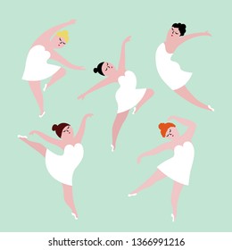 Group of happy plus size dancing girls in white dresses. Body positive concept, flat vector illustration isolated on white background.