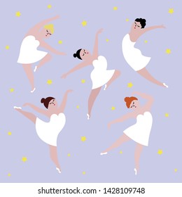 Group of happy plus size dancing girls in white dresses on a starry night background. Body positive concept, flat vector illustration isolated on white background.