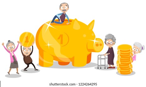 Group of happy retired people with big gold piggy bank. Retirement savings and investment money. Wealth and financial success in old age advertisement. Pension plan and banking vector illustration.