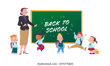 Group of happy school kids characters with backpacks and lady teacher together at school blackboard smiling isolated on white background. Vector flat cartoon illustration. For banners, packaging, ads.
