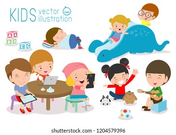 Group of happy school kids in classroom,children's activity in the kindergarten, reading books, playing, education,Vector Illustration