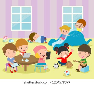 Group of happy school kids in classroom,children's activity in the kindergarten, reading books, playing, education,Vector Illustration