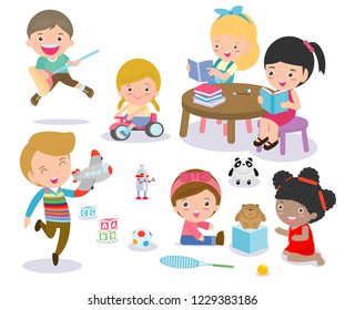 Group of happy school kids in classroom,children's activity in the kindergarten, reading books, playing, education,Vector Illustration