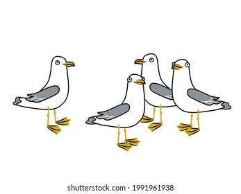 Group of happy seagulls on the beach. Vector doodle illustration isolated on white background.