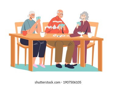 Group Of Happy Senior People Playing Cards. Older Friends Gathering With Board Games, Tea And Candies. Mature Cartoon Relaxation. Flat Vector Illustration