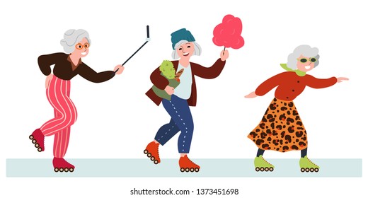 group of happy senior people roller skating isolated on white background vector illustration