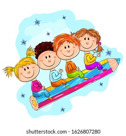 Group of happy small children flying on big colorful pencil, isolated on white background
