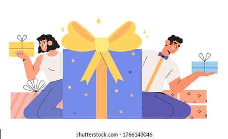 Group of happy smiling business people holding gift box and celebrating birthday or anniversary.  Concept you won prize, winner, surprize or christmas event or grand opening with prize drawing. 