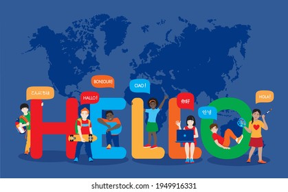 Group of happy smiling diverse kids near HELLO letters. African, chinese, japanese, korean girls and boys, friends with Hello in speech bubbles in different languages over world map. Vector banner