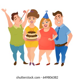 Group of happy smiling friends looking at a birthday cake on a white background. Friendship office party. Happy fat men and women party. Colorful vector illustration.