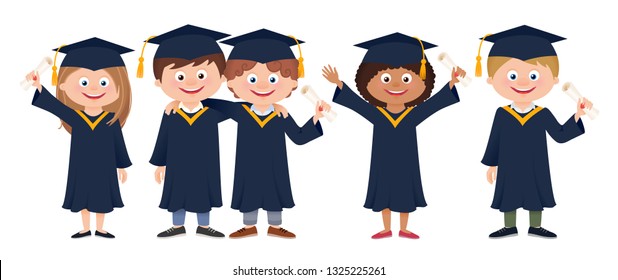 Group of happy smiling graduate students in graduation gowns holding diplomas, cartoon vector illustration