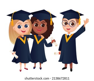 Group of happy smiling graduate students in graduation gowns holding diplomas, cartoon vector illustration