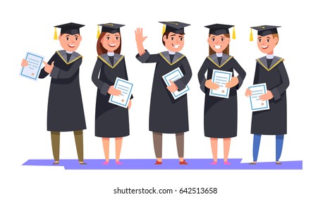 Group happy smiling graduates in graduation gowns holding diplomas in their hands isolated background. Vector illustration concept graduation ceremony cartoon style