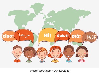 Group of happy smiling kids speaking together. Girls and boys with speech bubbles in different languages over world map