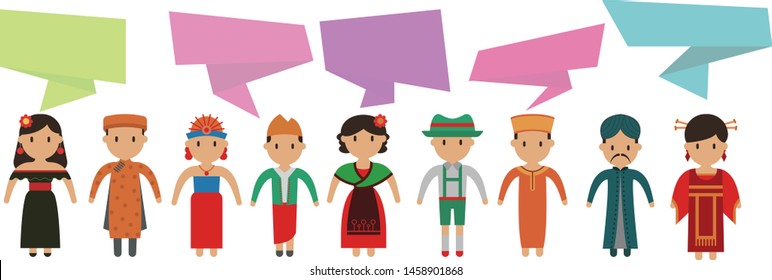 Group of happy smiling kids speaking together. Girls and boys with speech bubbles in different languages map