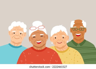 Group of happy smiling old senior people, silver generation. Flat vector illustration on gray background