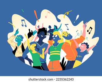 A group of happy smiling people celebrates a special event, concert, music festival, party, show