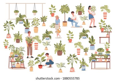 Group of happy smiling people in comfortable clothes in flower shop vector flat illustration. Men and women taking care of plants, watering, planting flowers. Agriculture gardener hobby concept.