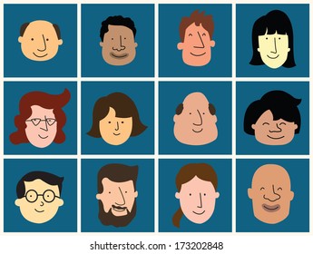 Group of happy and smiling people face from different culture, nation, and difference races. Layer can be easy to edited and changed color for your design. 