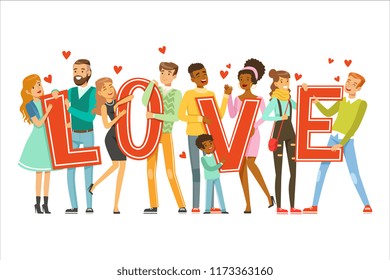 Group of happy smiling people holding the word Love cartoon colorful vector Illustration