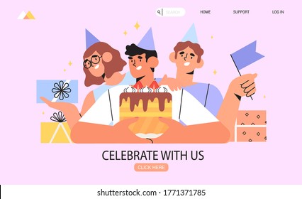 Group of happy smiling people holding gift box or presents and celebrating birthday or company anniversary. Men and women having birthday party with birthday cake. Grand opening with presents concept.