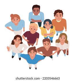 Group of happy smiling people looking up top view on white background flat vector illustration