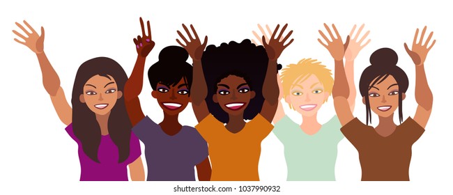 Group of happy smiling women of different race together holding hands up with piece sign, open palm. Flat style illustration isolated on white. Feminism diversity tolerance girl power concept.