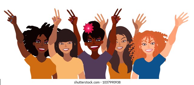 Group of happy smiling women of different race together holding hands up with piece sign, open palm. Flat style illustration isolated on white. Feminism diversity tolerance girl power concept.