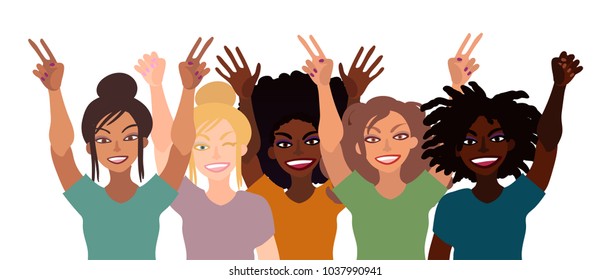 Group of happy smiling women of different race together holding hands up with piece sign, fist, open palm. Flat style illustration isolated on white. Feminism diversity tolerance girl power concept.