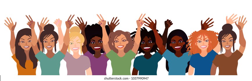 Group of happy smiling women of different race together holding hands up with piece sign, fist, open palm. Flat style illustration isolated on white. Feminism diversity tolerance girl power concept.