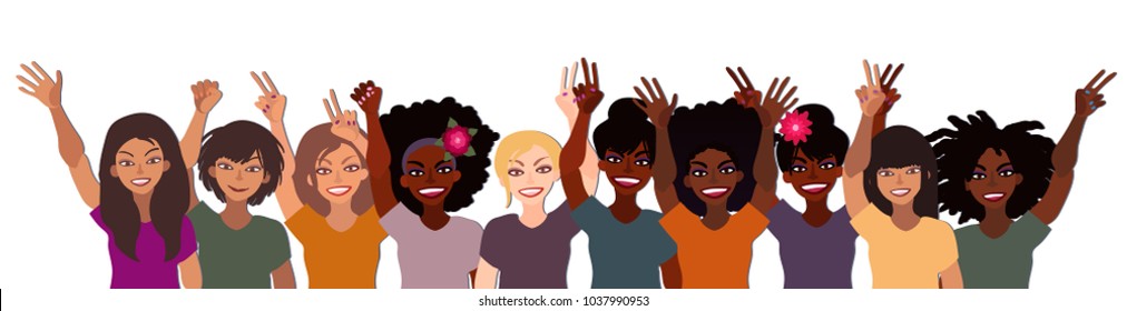 Group of happy smiling women of different race together holding hands up with piece sign, fist, open palm. Flat style illustration isolated on white. Feminism diversity tolerance girl power concept.