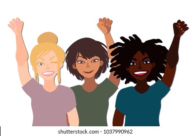 Group of happy smiling women of different race together holding fists up. Flat style illustration isolated on white. Feminism diversity tolerance girl power concept.