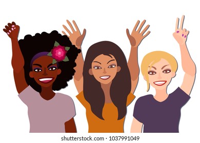 Group of happy smiling women of different race together holding hands up with piece sign, fist, open palm. Flat style illustration isolated on white. Feminism diversity tolerance girl power concept.