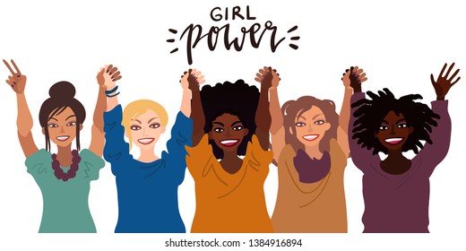 Group of happy smiling women of different race together holding hands up. Flat style illustration isolated on white. Feminism diversity tolerance girl power concept.