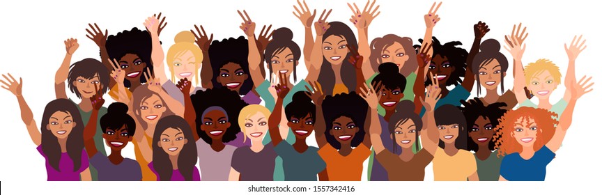 Group of happy smiling women of different race together. Flat style illustration isolated on white. Feminism diversity tolerance girl power concept.