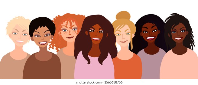 Group of happy smiling women of different race together. Flat style illustration isolated on white. Feminism diversity tolerance girl power concept.