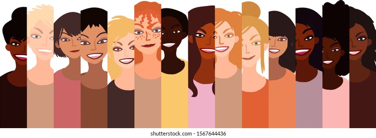 Group of happy smiling women of different race together. Flat style illustration isolated on white. Feminism diversity tolerance girl power concept.