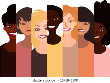 Group of happy smiling women of different race together. Flat style illustration isolated on white. Feminism diversity tolerance girl power concept.