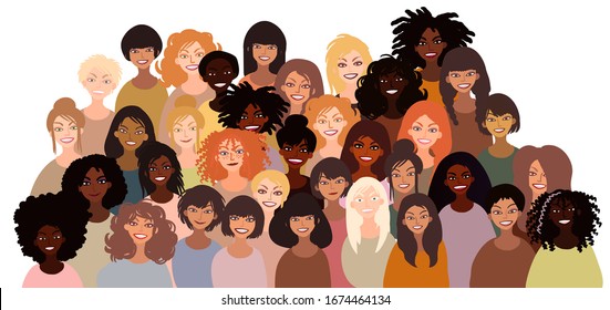 Group of happy smiling women of different race together. Flat style illustration isolated on white. Feminism diversity tolerance girl power concept.
