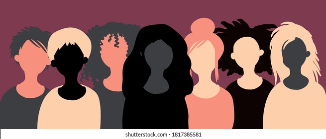 Group of happy smiling women of different race together. Flat style vector illustration. Feminism diversity tolerance girl power concept.