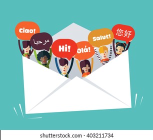 Group of happy smiling young people with speech bubbles in different languages in a big envelope. Male and female faces avatars design style. Communication, teamwork  and connection vector concept