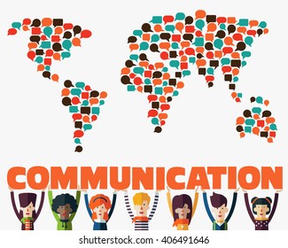 Group of happy smiling young people with word Communication. Male and female faces avatars in modern design style. Communication, teamwork, assistance, interpretation and connection vector concept